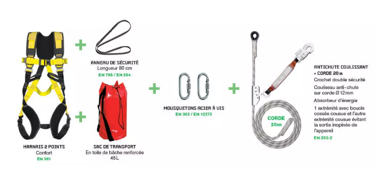 Kit anti-chute : harnais de sécurité + longe deux crochets + sac de  transport